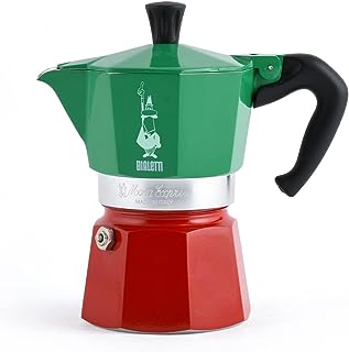 Cafetera espresso moka italiana de la marca Bialetti, modelo espresso tradicional con los colores de la bandera de Italia